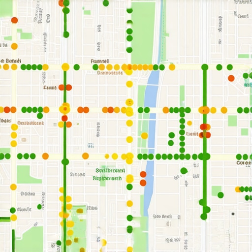A digital map showing local search rankings across a geographical grid for business visibility tracking.