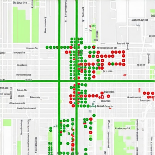 A visual representation of local search ranking across a geographic area showing rank positions at specific GPS coordinates.