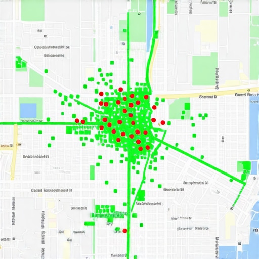 Local Search Ranking Heatmap Visualization A heatmap showing a business's local map pack performance across a city.