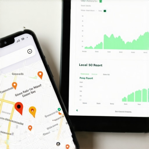 A smartphone and tablet showing local SEO audit reports and Google Map results for business ranking.