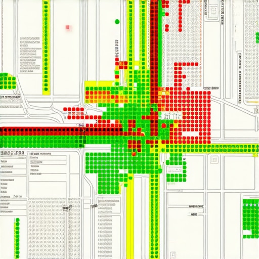A local search heatmap showing business ranking across different geographic coordinates.