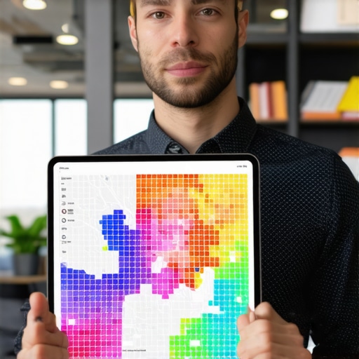 Monitoring Local Rank Heatmaps for Business Growth A business owner analyzing a Google Maps ranking heatmap on a tablet.