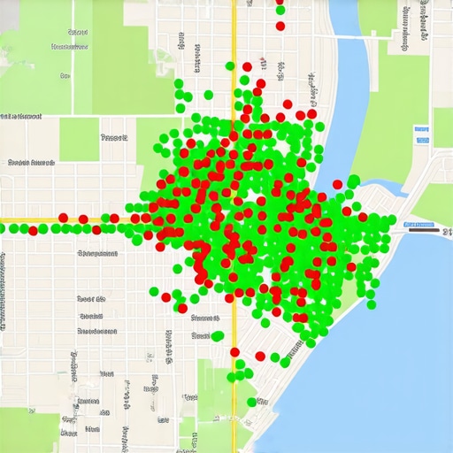 A local search ranking grid showing competitive map positions across a geographic area.
