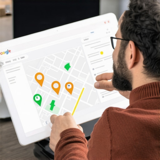 A business owner reviewing local map rankings and interaction data on a digital tablet.