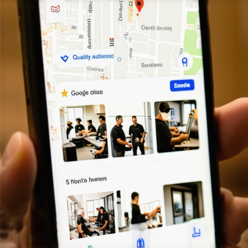 Optimizing Google Business Profile with Authentic Photos A smartphone displaying a highly optimized local map listing with real business photos and high engagement signals.