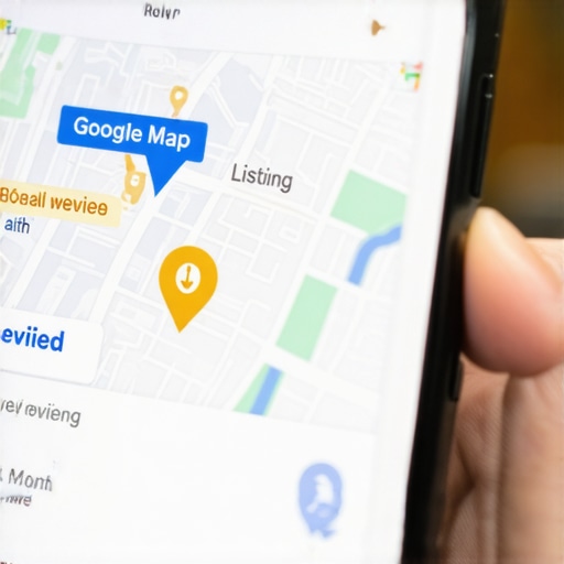 A smartphone showing a Google Business Profile with highlighted keywords in the review section.