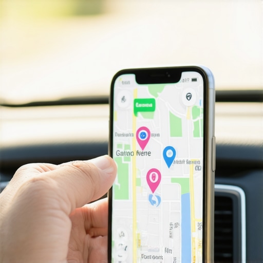 Smartphone displaying local map pack results in a car
