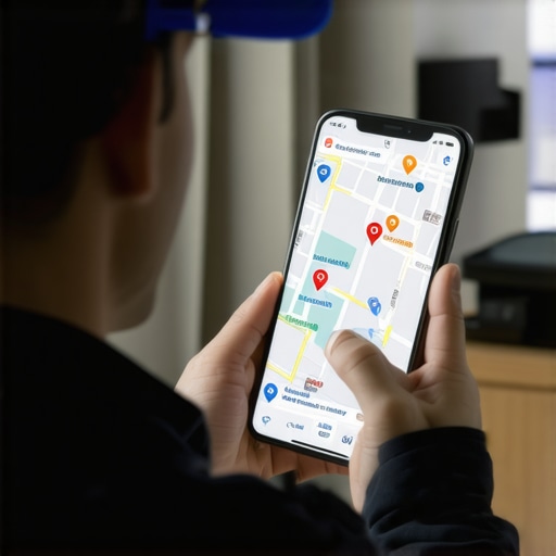A plumber checking map pack rankings on a smartphone in a local neighborhood.