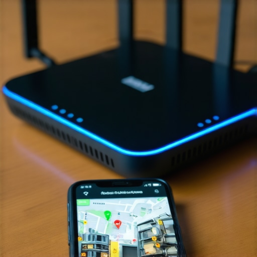 A modern Wi-Fi router next to a smartphone displaying a map location pin.