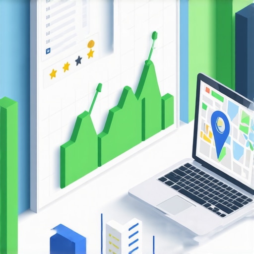A 3D isometric illustration of a local SEO dashboard showing ranking growth and customer interaction signals.
