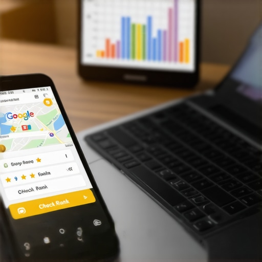 Analytical tools and smartphone showing high local map rankings