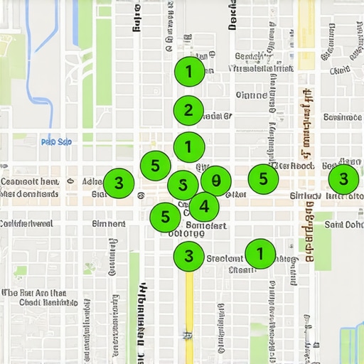 A heat map visualization of local search rankings across a geographic area showing a business dominating the top 3 spots.