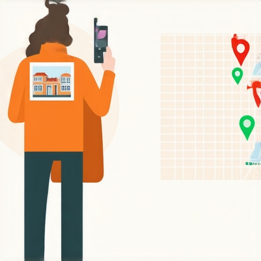 A business owner using a mobile app to manage local map rankings and upload geo-tagged photos.