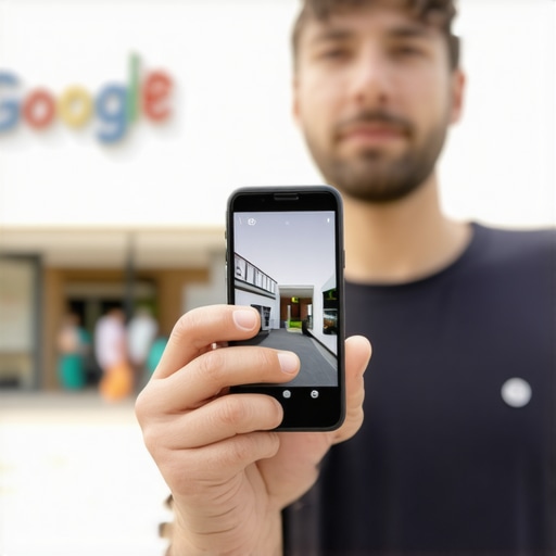 Updating Street View via Smartphone Business owner capturing 360-degree photo of storefront for Google Maps update