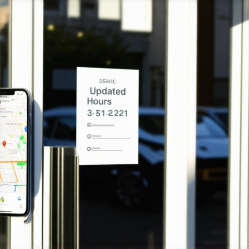 A storefront door showing updated hours alongside a matching Google Business Profile listing for verification