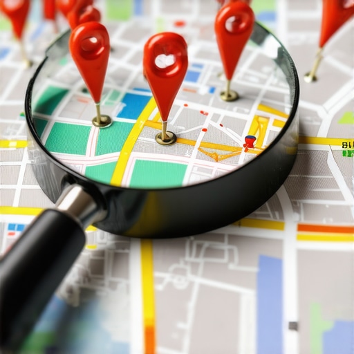 A magnifying glass highlighting a mismatched map pin to show NAP issues.