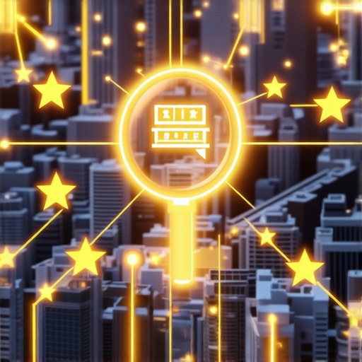 A digital city map illustrating how review quality and interaction signals influence local business rankings.