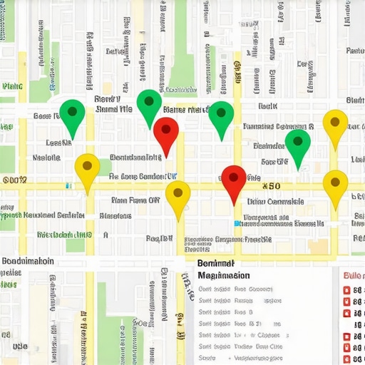 A map grid showing Google My Business ranking positions across different city locations.